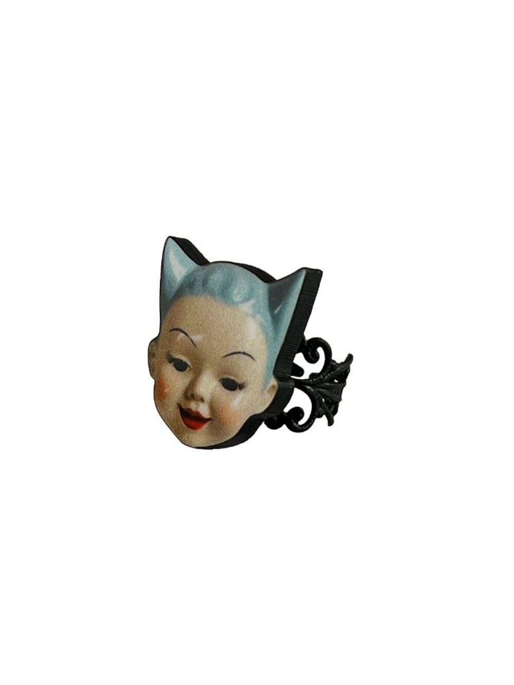Vintage Style Kitsch Doll Face Blue Cat Ears Ring – Adjustable Filigree Band